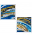 Ensemble de 2 tableaux abstraits en bois bleu or 80x80 cm
